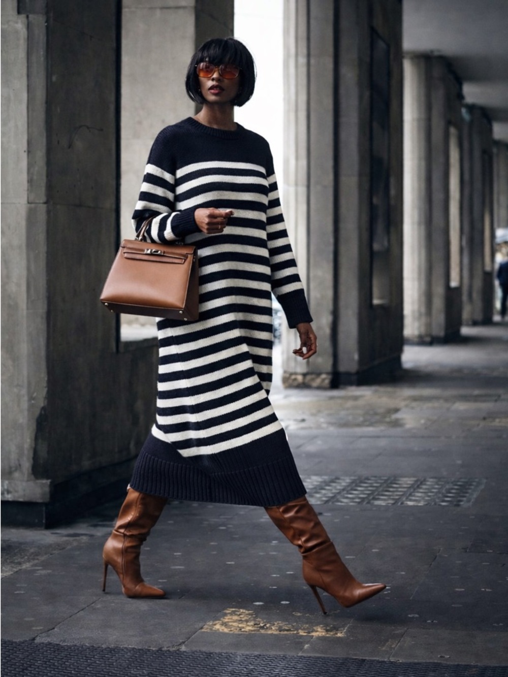 Zara Wool Sweater Dress Striped Navy White Midi Knit Minimalist Large NWT